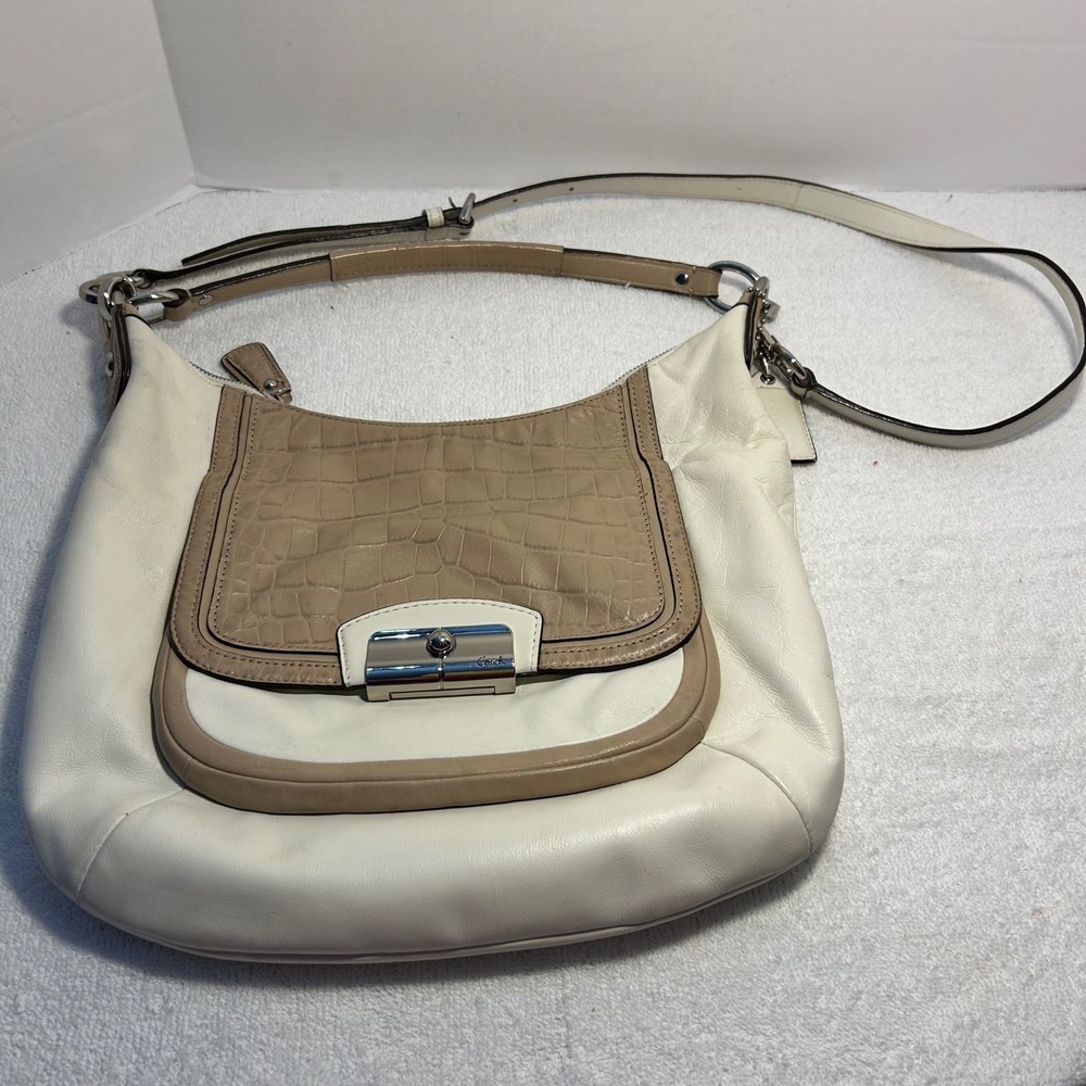 Coach Madison Ivory Tan Croc Embossed Leather Hobo Crossbody Bag F22509